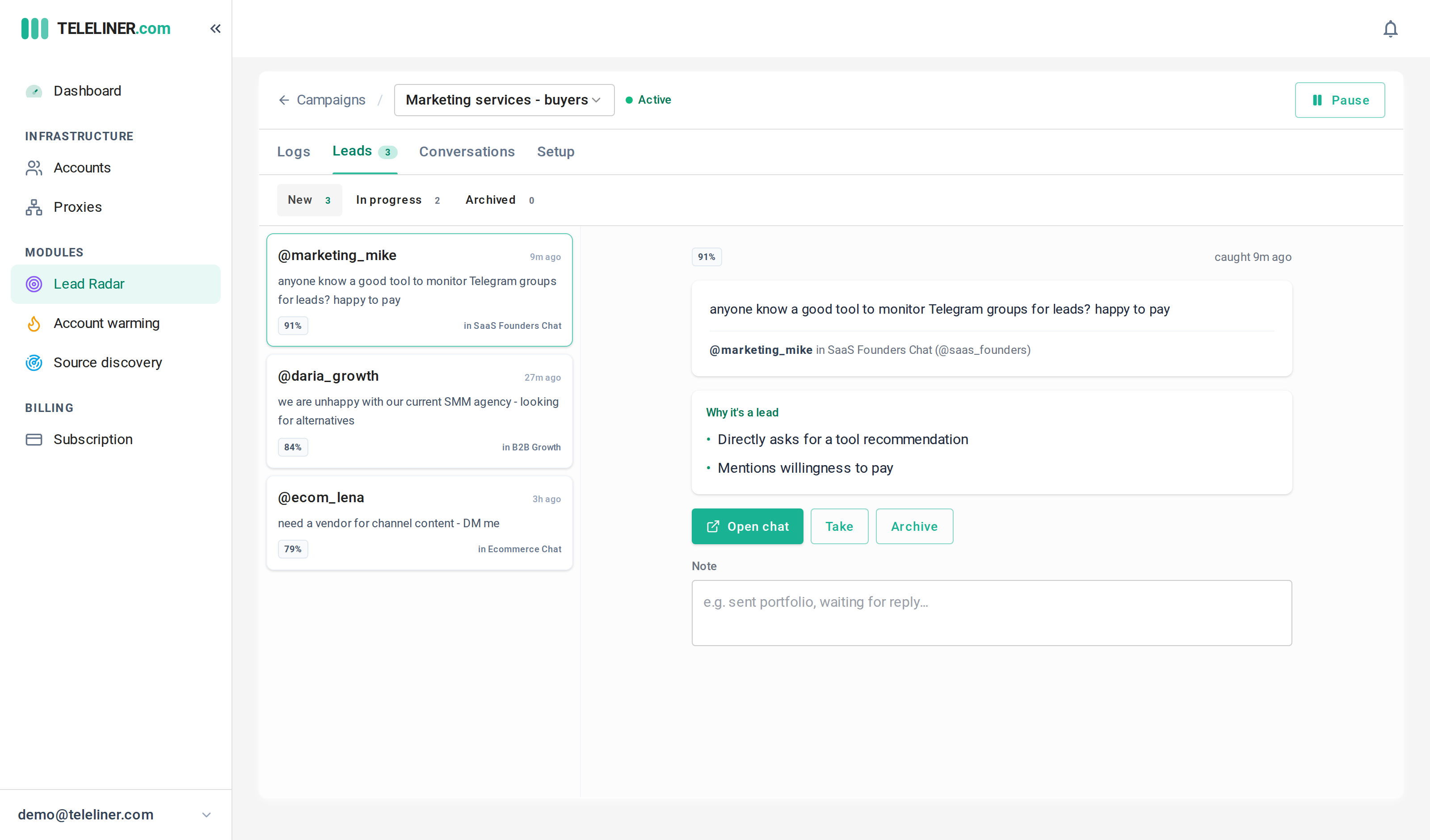 Teleliner dashboard - Lead Radar campaign workspace with a live lead feed